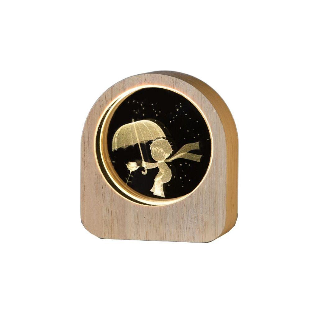 Warm Lights 3D Engraved Lamp Wooden Base Plug and Play Wood Crystal Night Light Decorative Laser Engraved