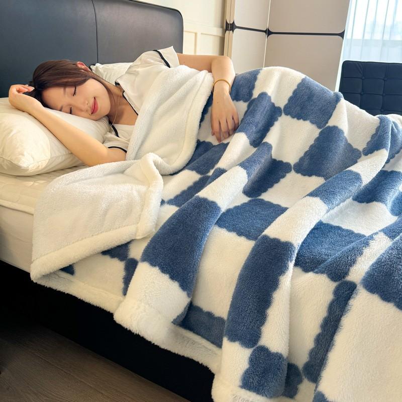 Thick Winter Fleece Blanket Double-Layer Polar Throw Bed Dorm Nap Cozy Geometric Checkered