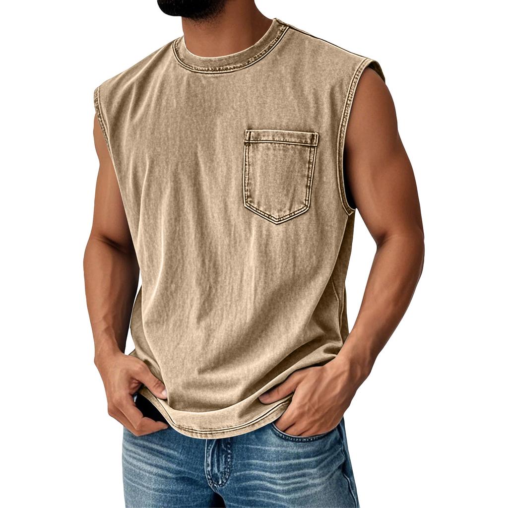 Men Sleeveless Muscle Tank Top Crew Neck Casual Pocket Design Relaxed Fit Vintage Style Shirt for Summer Daily Wear