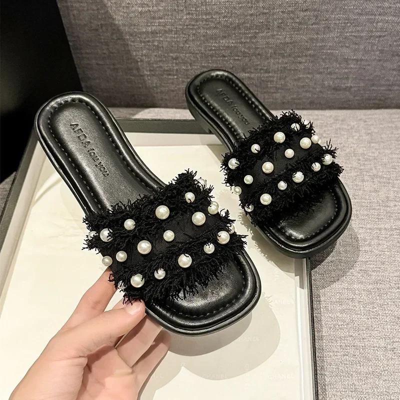 Fashion Summer 2024 Women Flat Pearl Sandals Fashion Open Toe Slides Dressy Casual Flip Flops Comfy Slip on Slippers Shoes for Women