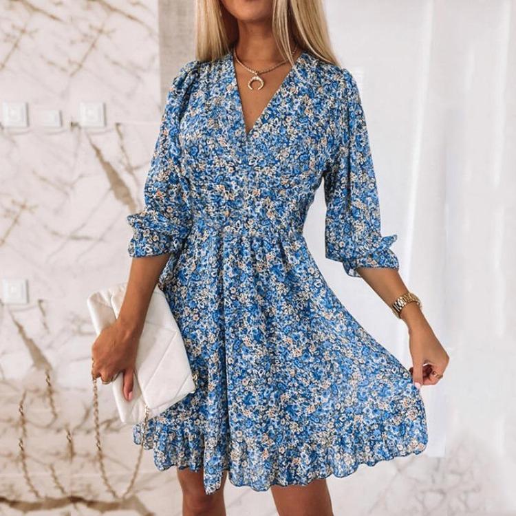 Floral Print Bohemian Short Sleeves Mid Length Dress with Waist Cinching
