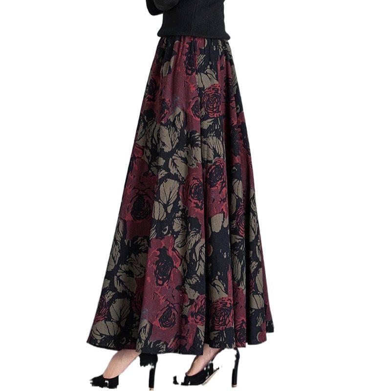 Autumn/Winter High-End Retro Floral Wool Maxi Skirt with Pockets, High Waist, and Large Flare.