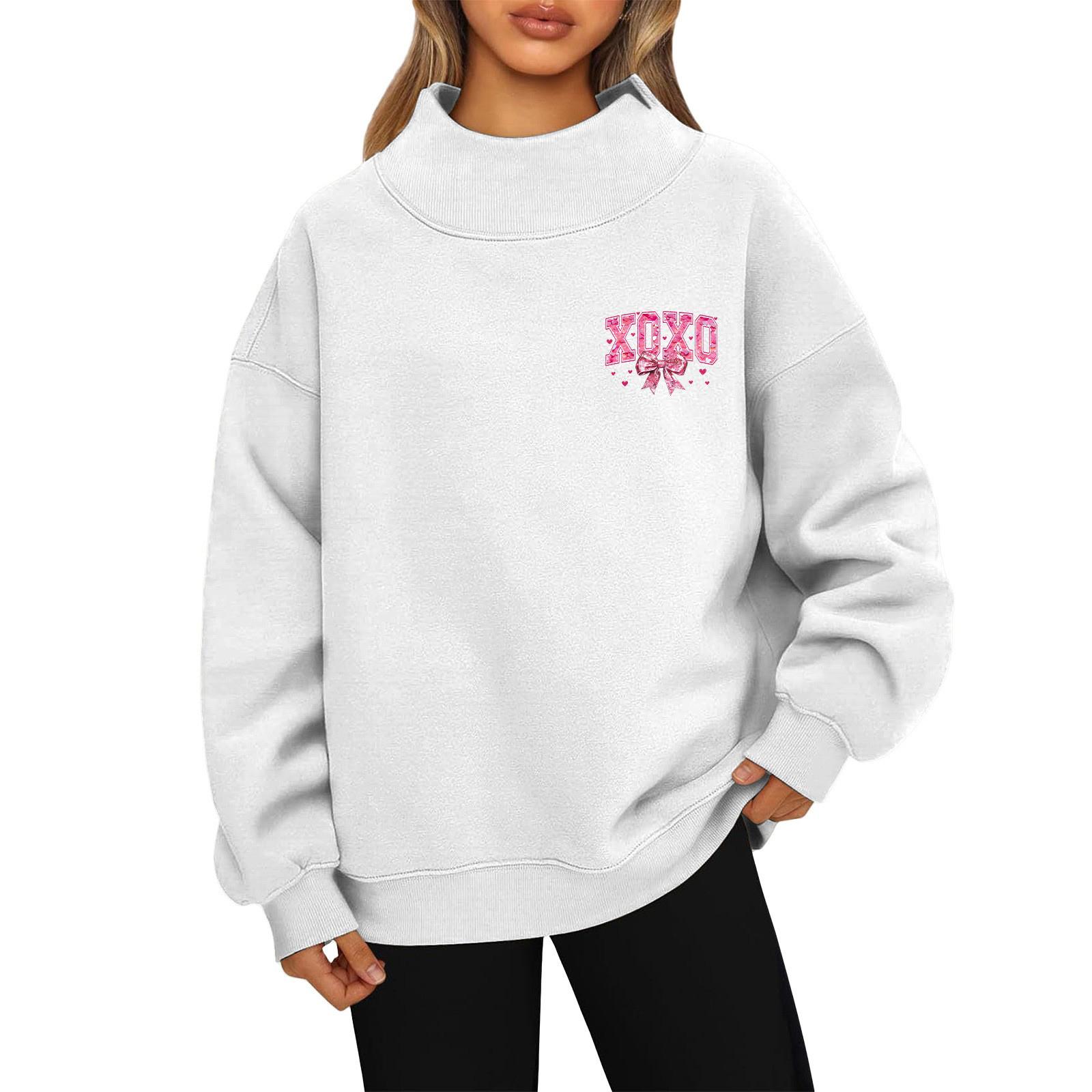 

Women s Valentine s Day Print Fashion Loose High-Collar Long Sleeve Color Sweatshirt Pullover XL білий