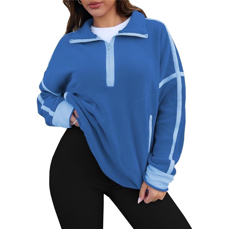 Women's Color Block Striped Half Zip Polo Sweatshirt Loose Long Sleeve Casual Pullover Top