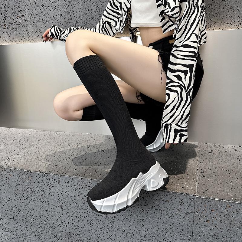 Boots Women's New Black Fly-woven Stockings Stacking Boots Niche Hot Girls But Knee Elastic Boots