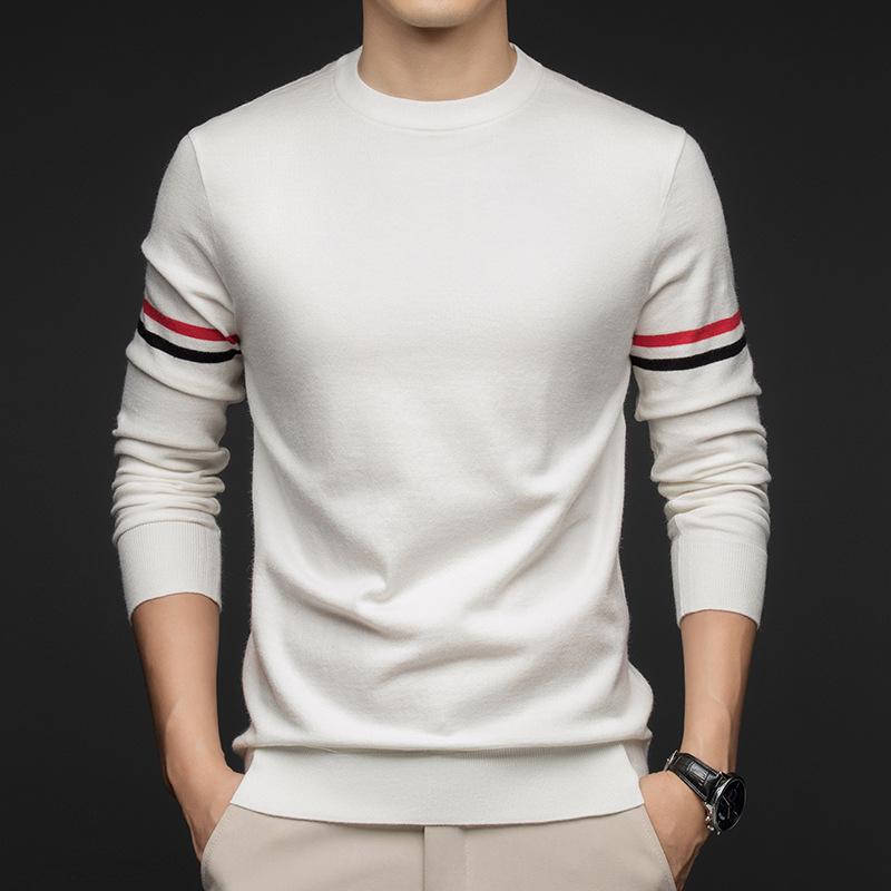 2025 Autumn/Winter Men s Striped Warm Round Neck Knit Sweater XL белый
