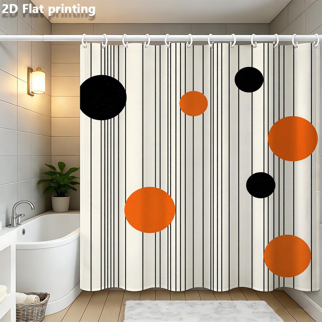 

Minimalist Geometric Shower Curtain 1Pc Polyester 2D Flat Print 70.8X70.8 Black Orange Circles On White Stripe Background W60H190(CM)-1 Pcs