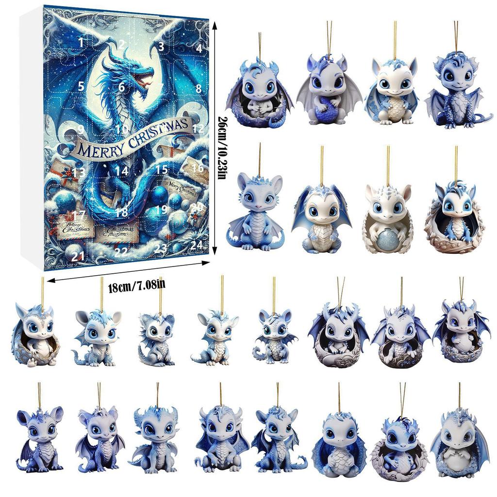Weihnachts-Adventskalender 24 Tage Countdown Blind Box mit süßem Eisdrachen-Baby Acryl Schlüsselanhänger Ornament Geschenkset