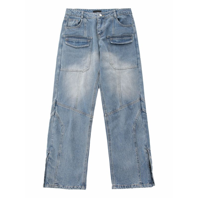 

Fashion High Retro Cargo Jeans Men s Summer New Arrival High Waist Loose Straight All-Matching Casual Breasted Long Pants Blue M