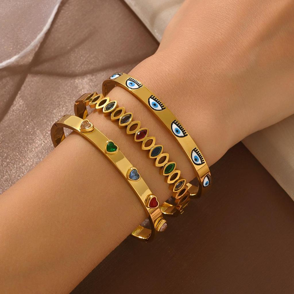 Geometric Gold & Gem Heart Bracelet Set for Women - Stackable Stainless Steel Evil Eye Jewelry