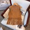 Women's Summer Vintage Ethnic-Style Cardigan with Fringe Vest Design Simple Solid-Color Sleeveless Jacket