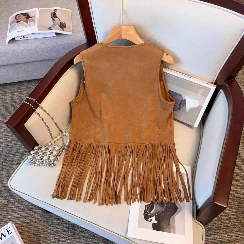 Women's Summer Vintage Ethnic-Style Cardigan with Fringe Vest Design Simple Solid-Color Sleeveless Jacket