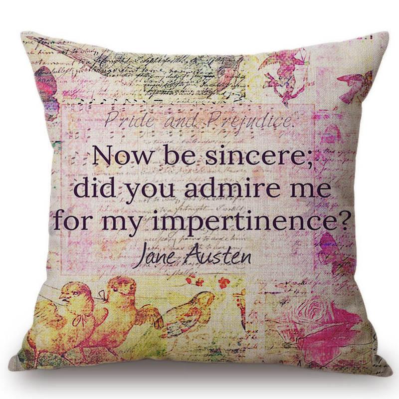 18" Square Floral Jane Austen Quotation Letter Print Sofa Throw Pillow Cover Case Cotton Linen Nordic Masterpiece Cushion Cover