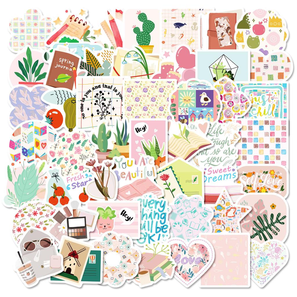 50 Self-Created Xiaoqing Graffiti Decorative Stickers Girl Pink Flower Plants Non-Repeating Waterproof Sticker Batch