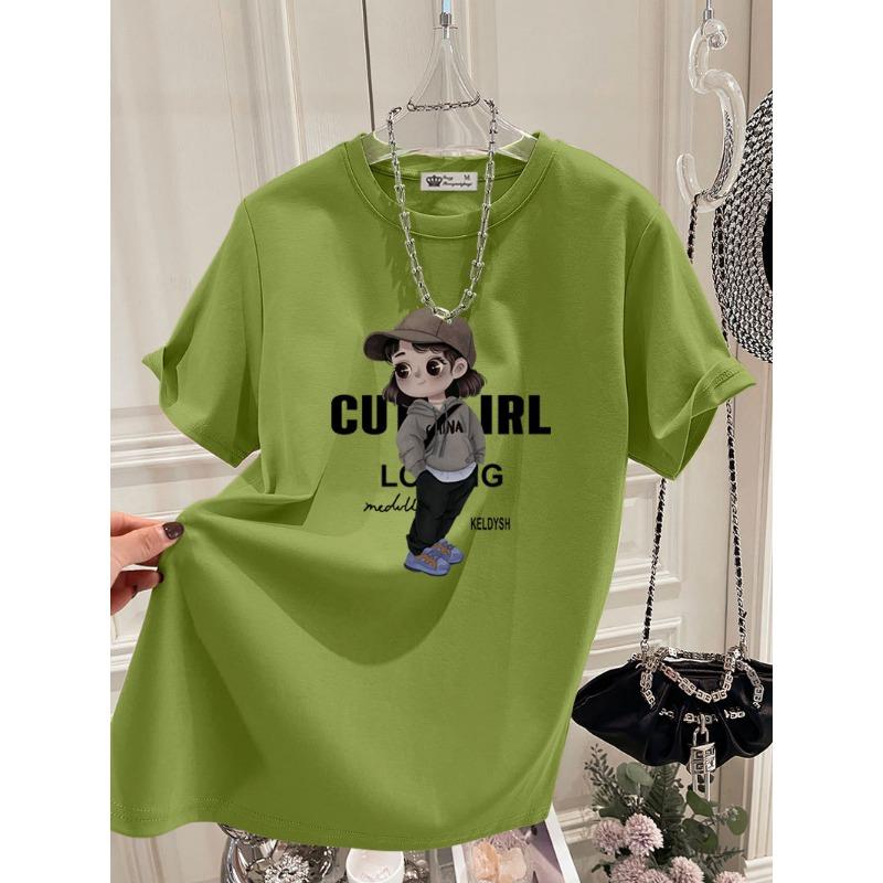 Large Version of Loose T-shirt for Women's Short-sleeved Pure Cotton Summer New Korean Version of Cute Girl Mid-length Top