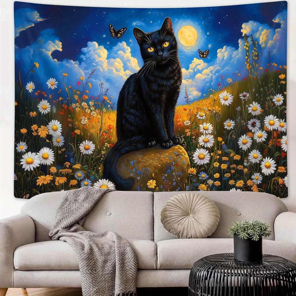 Enchanted Midnight Cat Tapestry Moonlit Floral Fantasy Wall ArtLarge Decor for Living Room or Bedroom Add Magic To Your Space