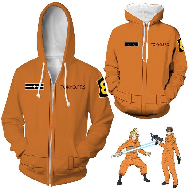 Fire Force Anime Men Hooded Zipper Sweatershirts Hoodie Pullover Cosplay Costume