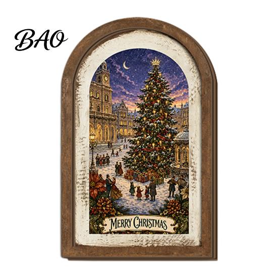 Hanging Xmas Ornaments Rustic Christmas Wooden Decoration, Vintage Arched Window Frame Wall Decor Decor, Winter Holiday Party Table Sign