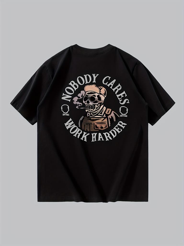 2025 New Men's NOBODY CARES WORK HARDER Skull Pattern T-shirts Summer Casual Comfortable Loose Fit Versatile Breathable Tops