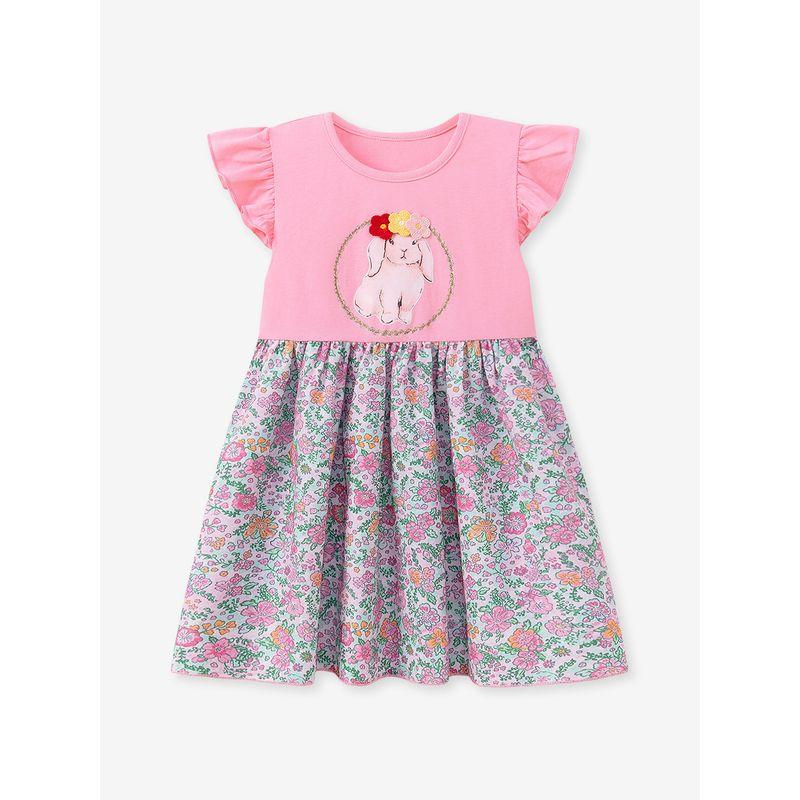 Girls' Floral Short-Sleeved Dress, Summer Baby Style, Cartoon Pattern Mid-Length Dress, Baby Princess Dress, Casual and Trendy