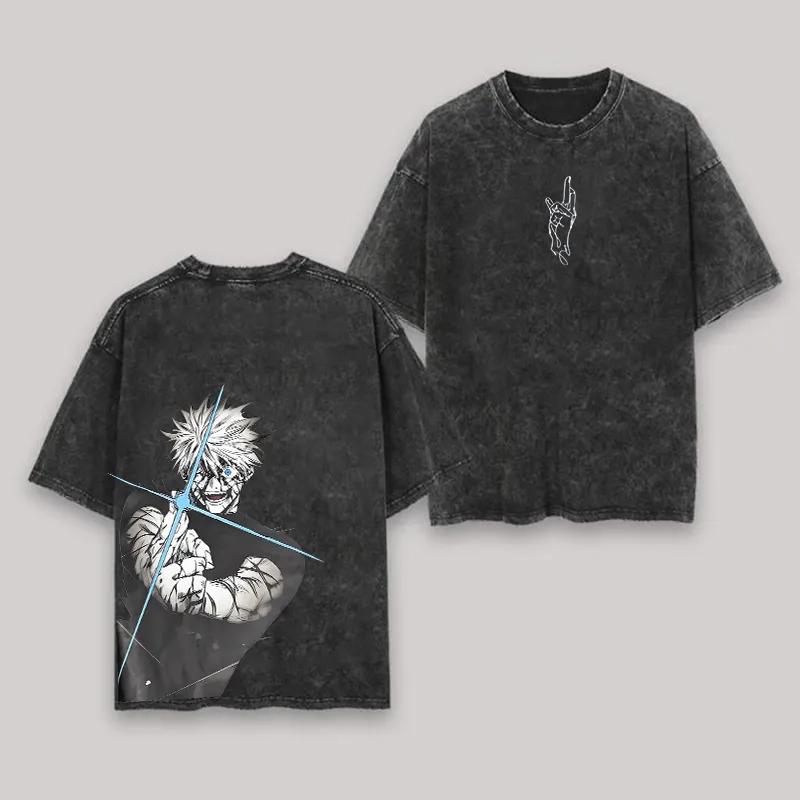 

Jujutsu Kaisen Gojo T Shirt Blue Eye Men Acid Wash Oversized Streetwear Anime Satoru Cotton Vintage Crazy Hollow Top Tee M