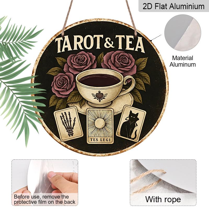 2D Flat, 1pc Round Vintage & Tea Metal Wall Art Sign - 7.87 Inch Aluminum Decor with Roses, Cups, and Symbols, Rustic Black Backgfor Home, Cafe, Bar