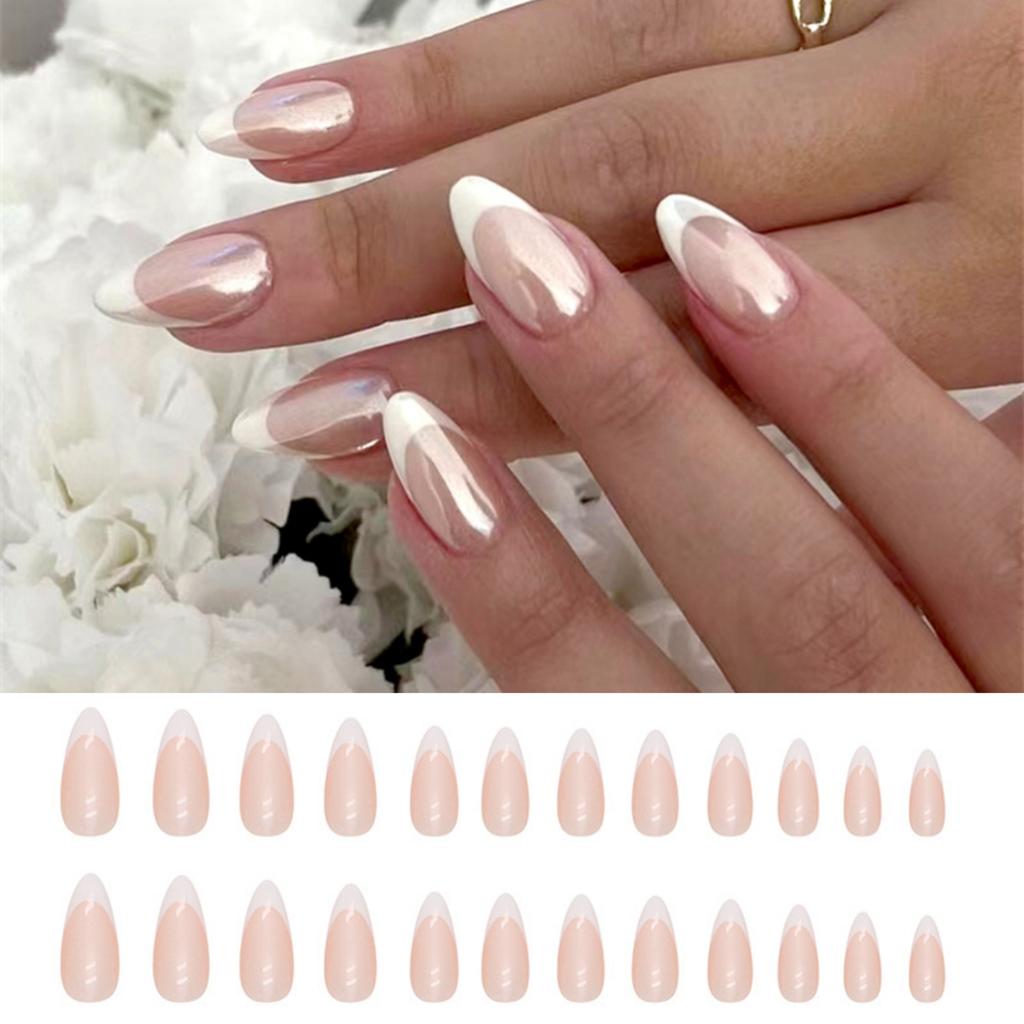 24 Pcs Simple Pink Press On Nails With Silver Glitter Powder Decor Removable Fake Nail Tips Set