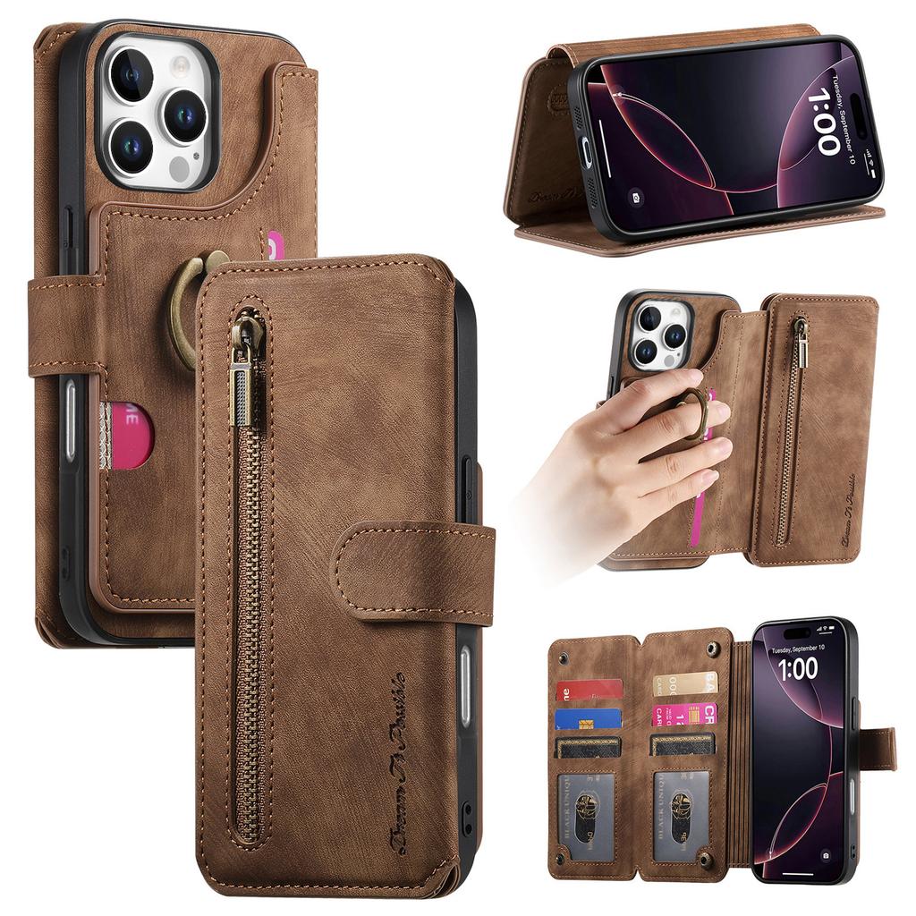 Luxury Zipper Cards Solt Wallet Leather Flip Case For iPhone 16 Pro Max 15 Plus 14 13 12 11 Ring Holder Purse Bag Cover Fundas