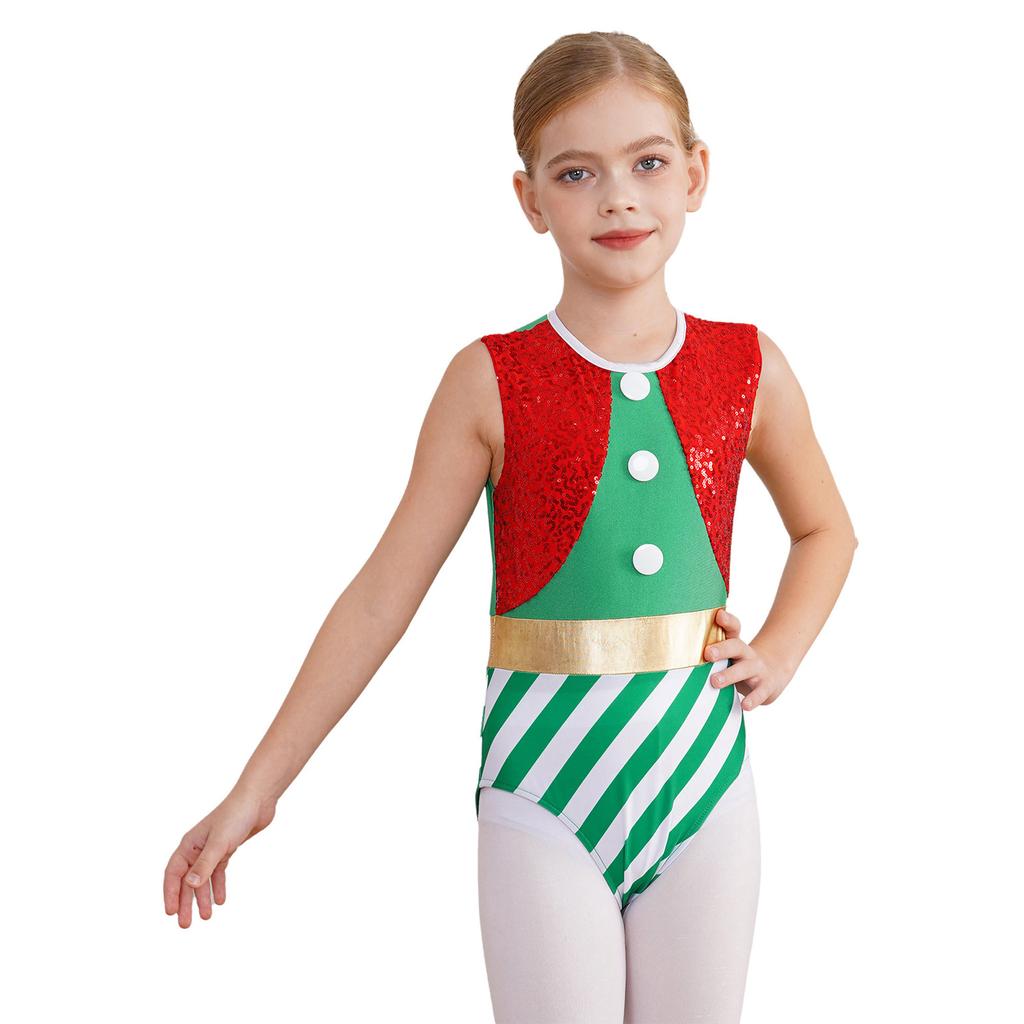 Kinder Mädchen Weihnachtskostüm Cosplay Tanz-Turnanzug Ärmelloser Jumpsuit Pailletten Streifen Gymnastik-Einteiler Body Weihnachtsmann Verkleidung