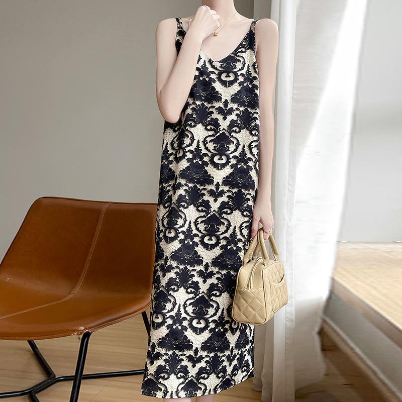 Women's Summer Loose Mid-length Dress Floral Slimming Temperament Long Dress Fashion Print All Strap Dress