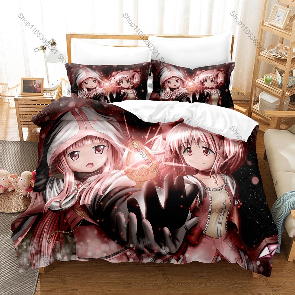 Puella Magi Madoka Magica Duvet Cover + 2 Pillowcases, Magical Girl Anime Print Bedding Set Soft Fabric for Fans Decor & Gifts