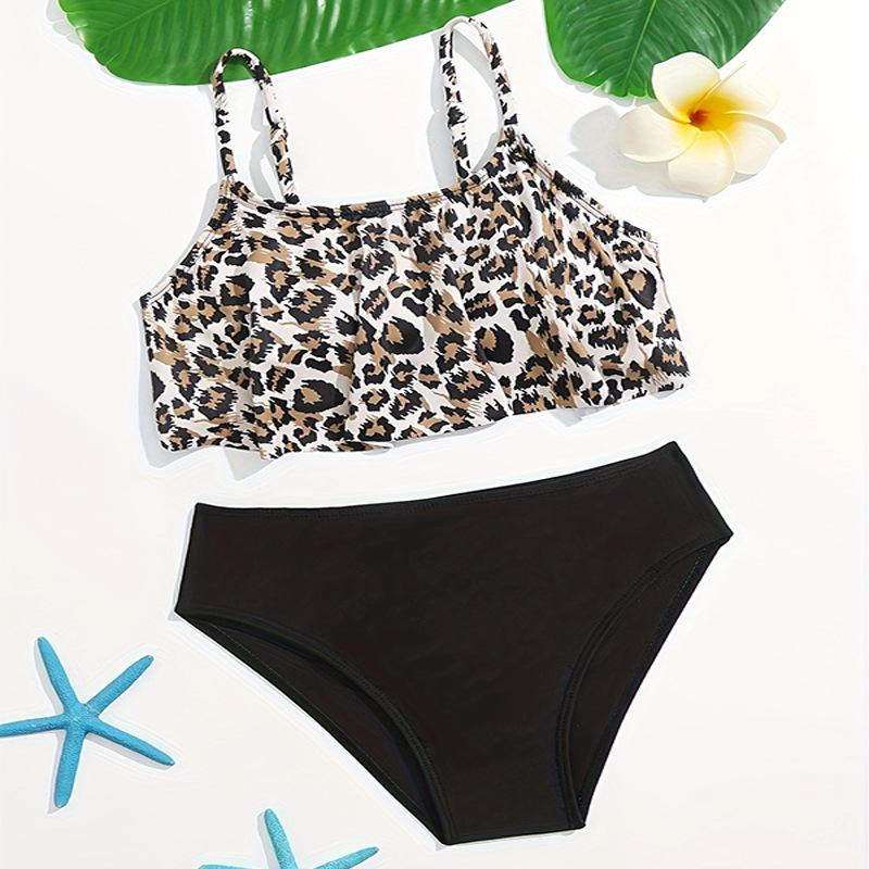 

2024 Leopard Print Ruffle Children s High Waist Swimsuit Set 150 чёрный