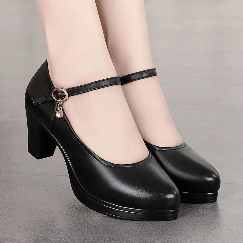 WTEMPO Genuine Soft Leather Work Shoes Buckle High-heeled Dancing Leather Shoes Ladies Spring Autumn Casual Leather Black Single Shoes