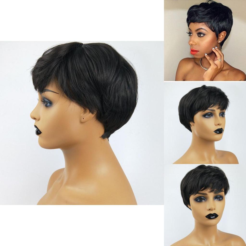 Classic Pixie Cut Synthetic Wigs Straight Black Wigs With Bangs Short Hair For Women