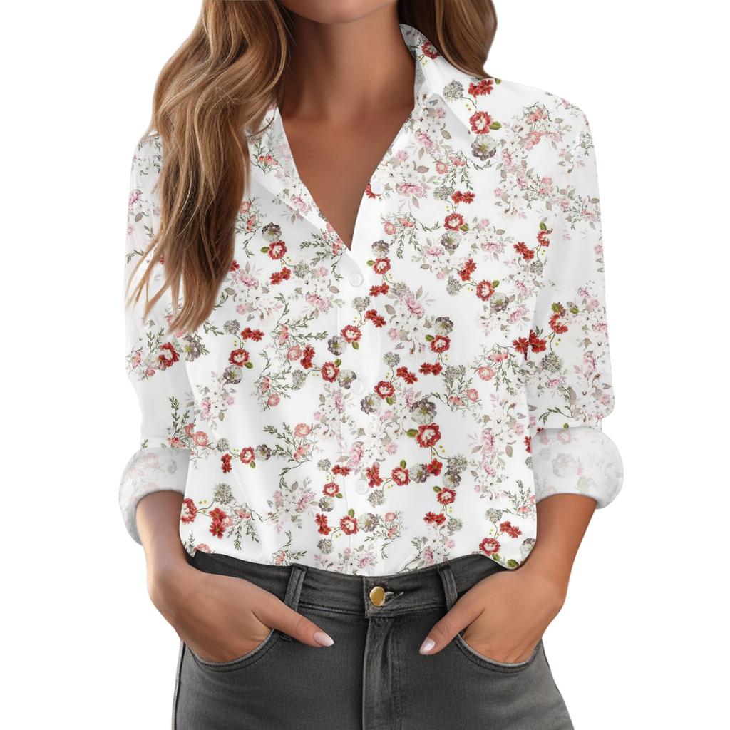 Camicia da Donna con Bottoni a Stampa Floreale, Camicette Casual Regolari a Maniche Lunghe, Top Basic Casual Plus Size