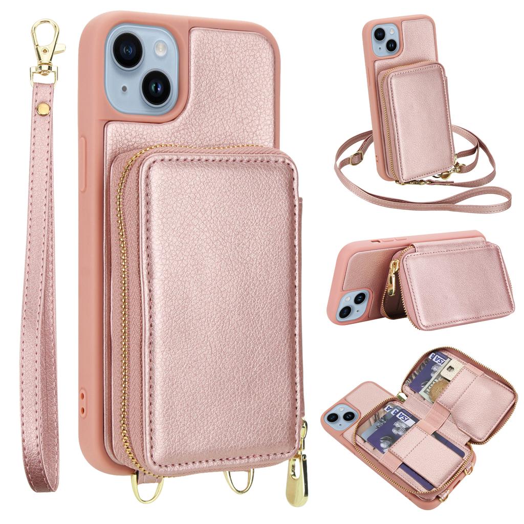 For iPhone 14/13 Case RFID Blocking Zipper Wallet Leather + TPU Phone Cover with Shoulder Strap
