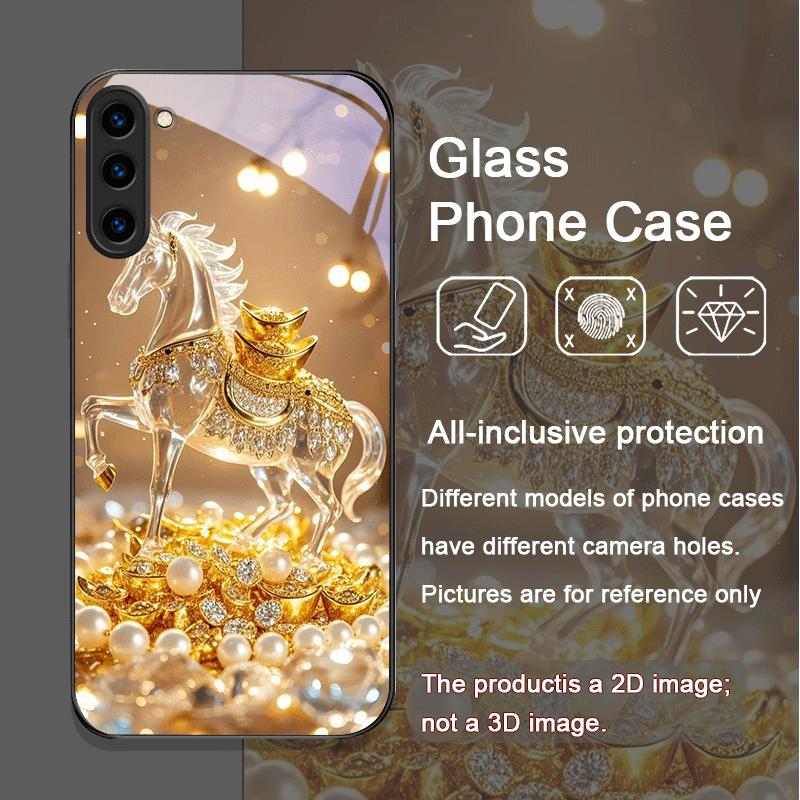 Luxury Crystal Golden Horse Pattern Tempered Glass Phone Case for Samsung Galaxy S25 Ultra S24 S23 Plus S22 S21 S20 FE M55 Cover