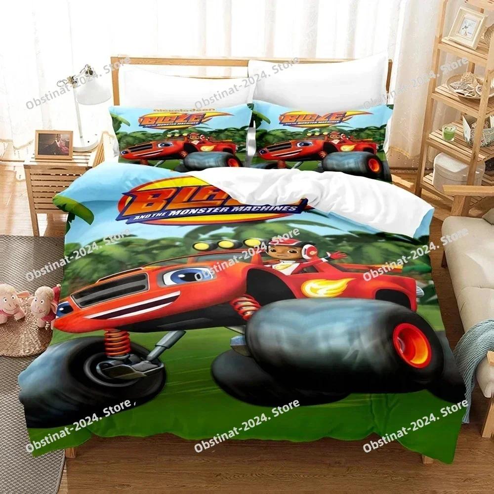 Set de așternut Blaze Cartoon Monster Machines Cearșaf de plapumă imprimat single Huse de pernă Seturi de 3 piese Dimensiuni pentru copii și adulți