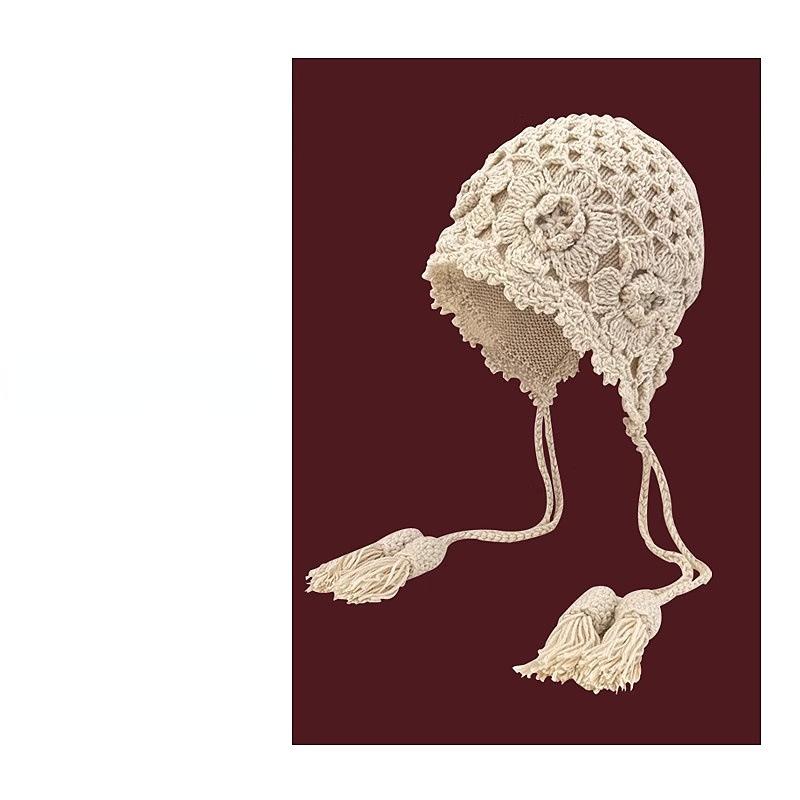 Hand-crocheted Flower Fringed Wool Hat Women's Autumn and Winter Western Sichuan Travel Versatile Fashion Show Face Small Knitted Headgear