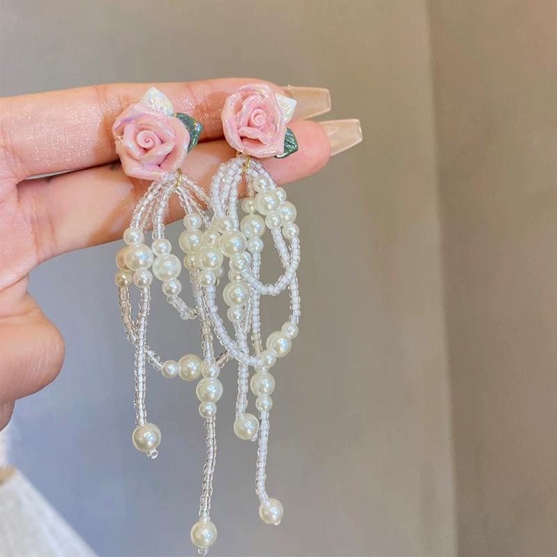 Ins Wind Exquisite Long Drop Earrings Sweet Rose Flower Bead Tassel Minimalist All-Match Light Luxury Ladies Daily Ear Ornaments
