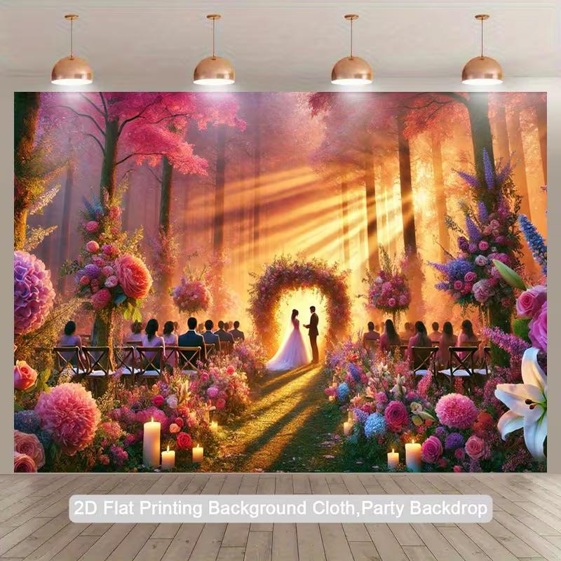 

2D Magical Forest Wedding Background, Sunlit Floral Aisle & Guests Backdrop 47.2x31.5inch/120*80cm