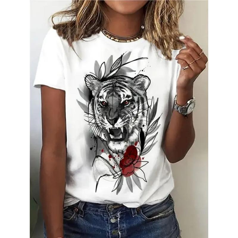 Sommer Rund Hals 3D Dyreprint Topp Moteable Casual Kortarmet Dame T-skjorter