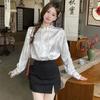 Women Floral Embroidery Mandarin Collar Blouse Long Sleeve Satin Button Up Shirt