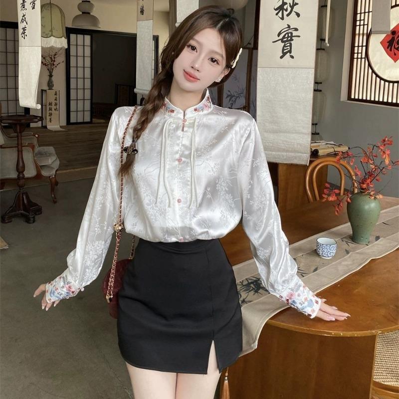 Women Floral Embroidery Mandarin Collar Blouse Long Sleeve Satin Button Up Shirt