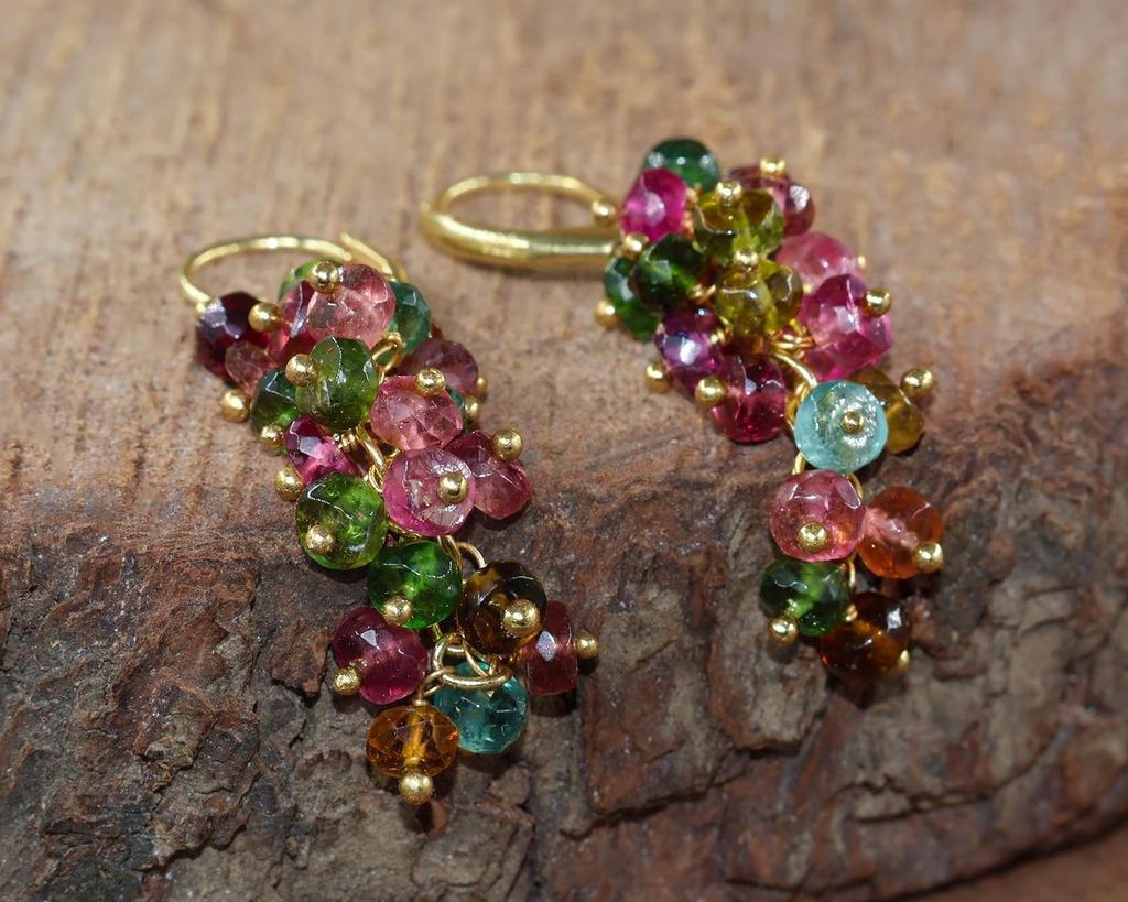 Multi Tourmaline Beads Cluster Earring, Natural Tourmaline Beads Gold Earring, Birthstone Jewelry, Handmade Earrings, Gift for Her
