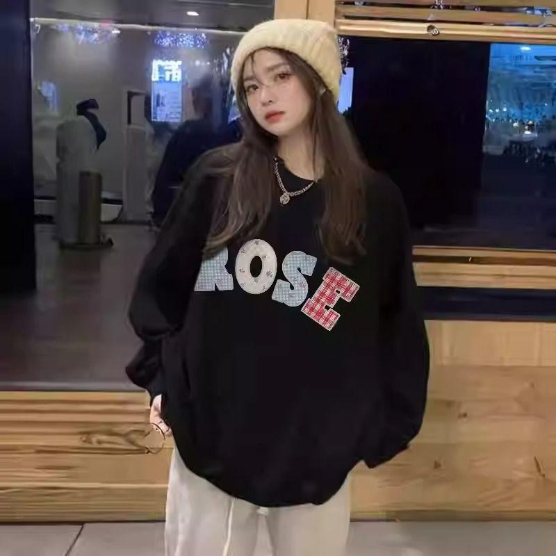 Womens Crew Neck Sweatshirt Fall Winter Thin Fleece Loose Long Sleeve Top