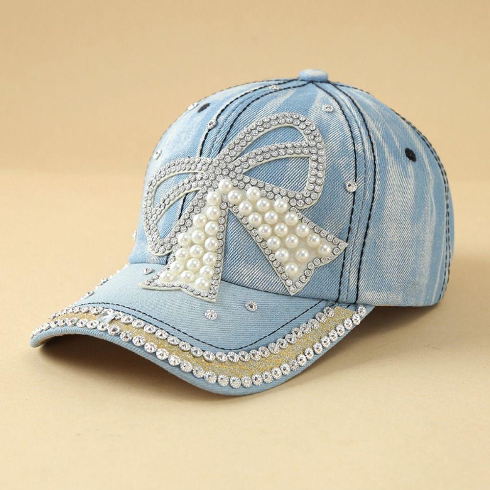 Fashion Adjustable Denim Baseball Cap Bow With Pearl Embellished Hip Hop Hat Versatile Sun Protection Peaked Cap Outdoor