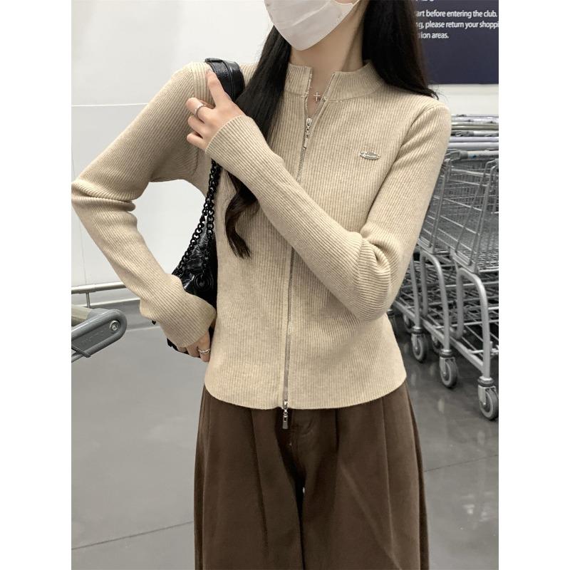 

Летняя новая кофта-кардиган на двойной молнии, женская, с воротником-стойкой, длинными рукавами, приталенного силуэта, вязаный топ с подкладкой. One size [recommended 80-60kg]