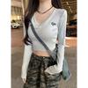 Real High-waisted Short Open-button Long-sleeved T-shirt for Women's Early Autumn Slim-fitting Outer Wear, Inner Collar and Front Shoulder Base.