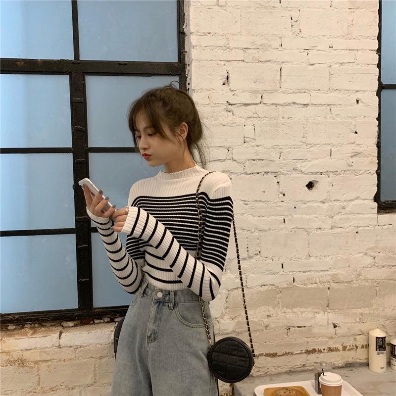Autumn and Winter Retro Striped Sweater High Collar Pullover Head Hundred Long-sleeved Knitted Sweater Female Slim Thin Bottoming Shirt Top